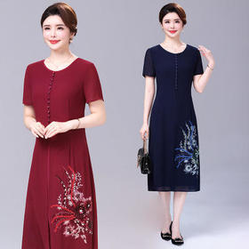 YCE-A054-A939妈妈装过膝连衣裙 阔太太气质高贵长款显瘦裙子