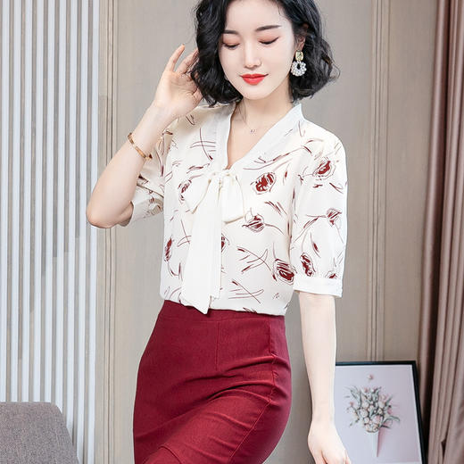 NYL-401019新款洋气短袖V领蝴蝶结大码雪纺衬衫 商品图3