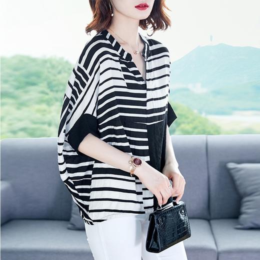 NYL-432505欧洲站 宽松不规则条纹t恤胖mm百搭棉麻时尚小衫 商品图3