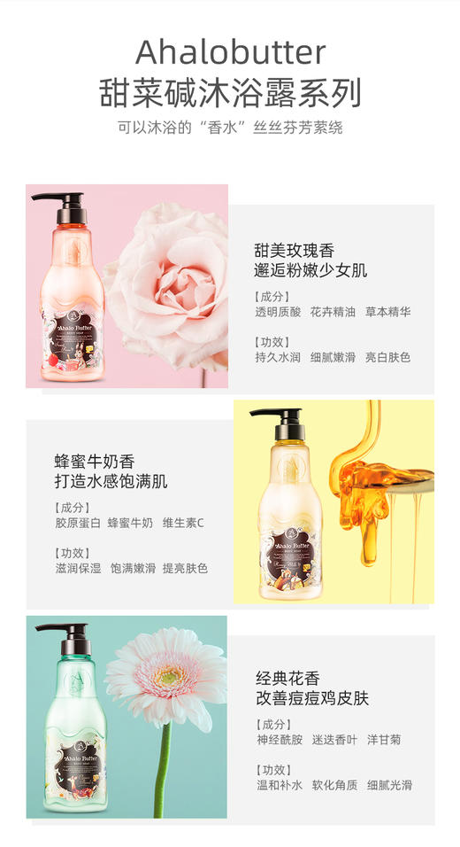 AHALO BUTTER天使的艳轮 甜蜜玫瑰 经典花香 蜂蜜牛奶沐浴乳500MLJPY带授权招加盟代理 商品图2