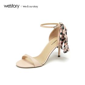 westory2020新款豹纹丝带高跟凉鞋女细跟纯色性感优雅W29BG60051