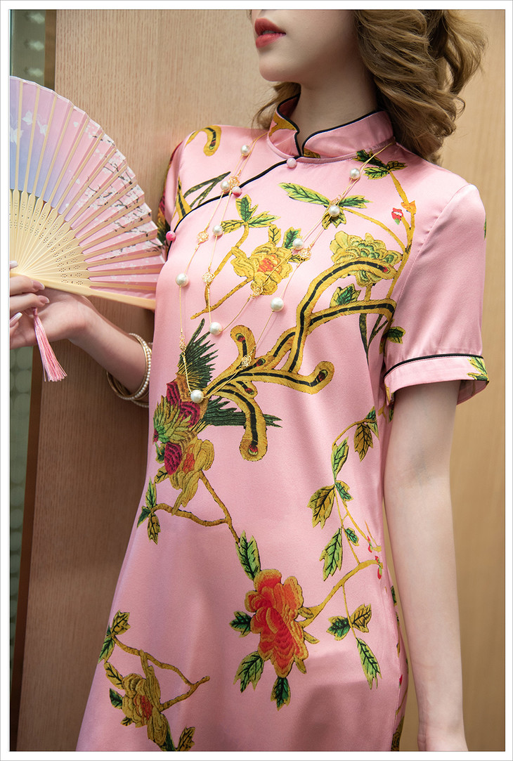 2020夏季新款端庄时尚印花复古盘扣真丝缎面旗袍连衣裙女潮1129