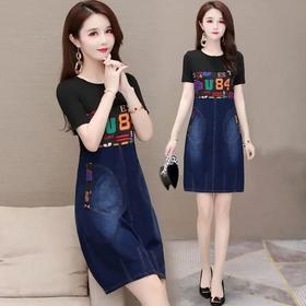 YWE-M126牛仔中长款大码休闲印花连衣裙