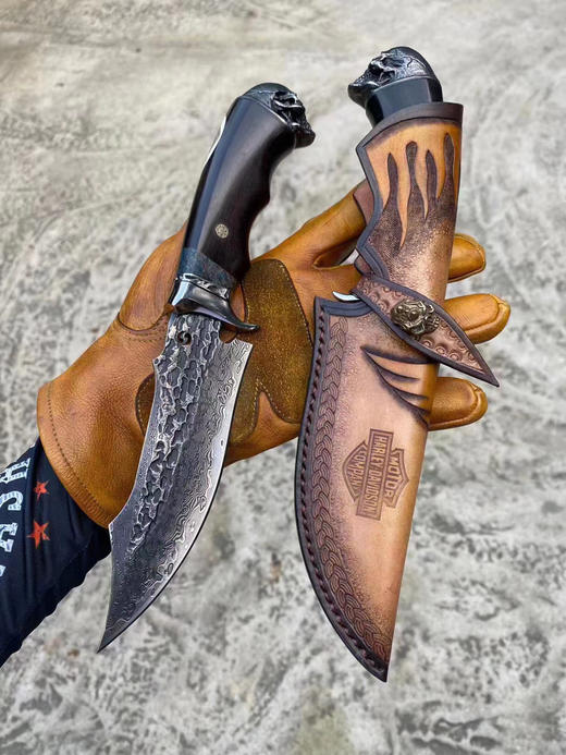 美国哈雷骑士刀大马士革刀手工直刀