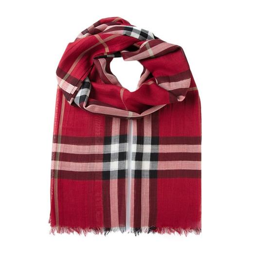 burberry巴宝莉女士红色格纹轻盈羊毛拼桑蚕丝围巾3954620