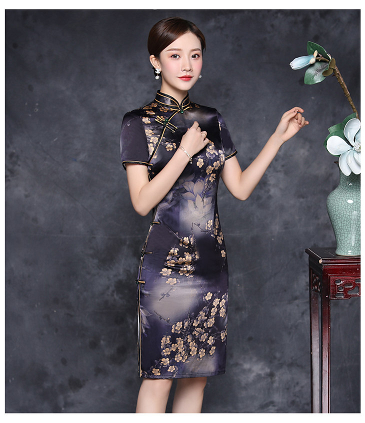 jq96014古典气质咖啡色印花真丝旗袍立领侧八扣