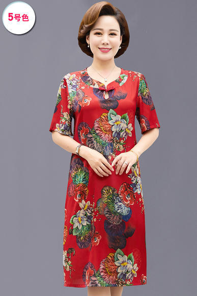 W-47785夏新款富贵洋气大码宽松短袖中长款丝缎连衣裙 商品图4