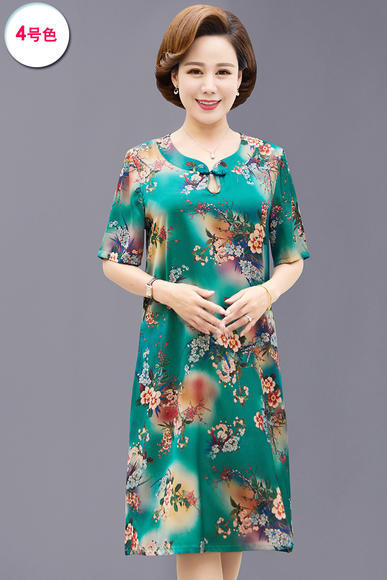 W-47785夏新款富贵洋气大码宽松短袖中长款丝缎连衣裙 商品图3