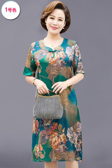 W-47785夏新款富贵洋气大码宽松短袖中长款丝缎连衣裙 商品图0