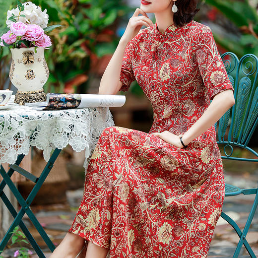 NYT-20010-2新款中国风复古盘扣立领纯桑蚕丝连衣裙 商品图1