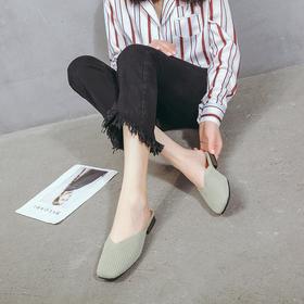 YJY-K-9（编织鞋面，防滑鞋底）仙女绸缎中跟百搭包头方头粗跟仙女凉拖穆勒鞋