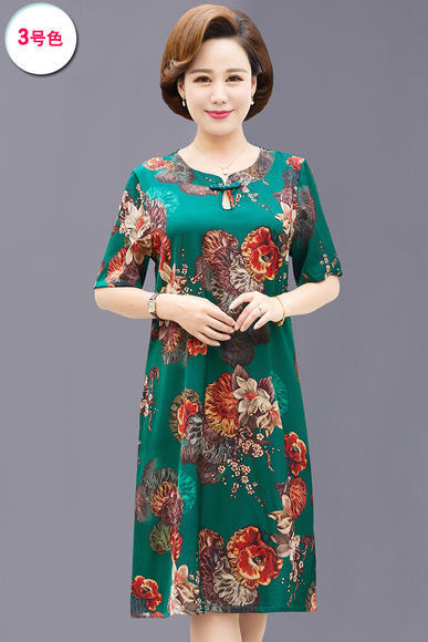 W-47785夏新款富贵洋气大码宽松短袖中长款丝缎连衣裙 商品图2