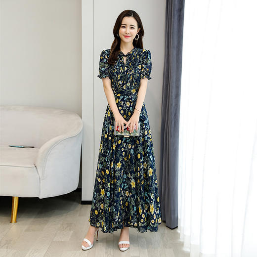 QYYS-B188858新款复古收腰显瘦长款碎花短袖连衣裙 商品图0