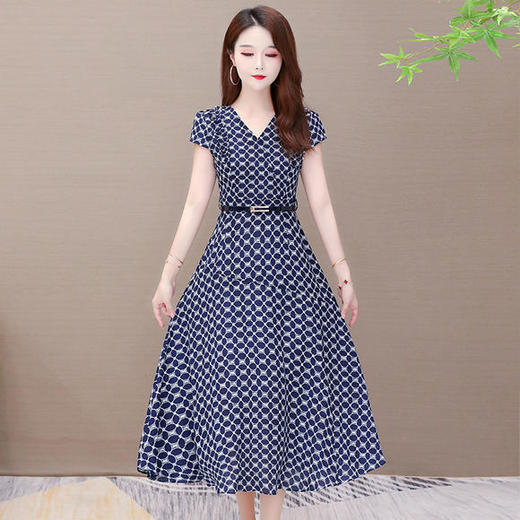 YWE-KSF20A123气质减龄短袖格子大码收腰连衣裙 商品图1