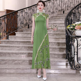 DLQ-A2431绿色旗袍走秀高端演出服长款 优雅复古连衣裙