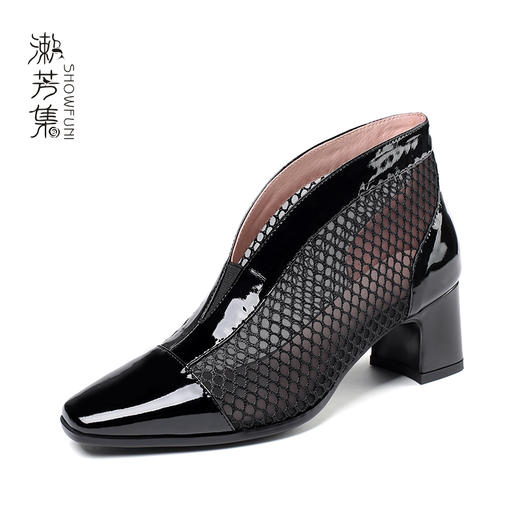 SFJ-网纱裸靴2020新款方头粗跟及踝靴  真皮格子韩版镂空透气鞋 商品图4