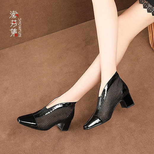 SFJ-网纱裸靴2020新款方头粗跟及踝靴  真皮格子韩版镂空透气鞋 商品图0
