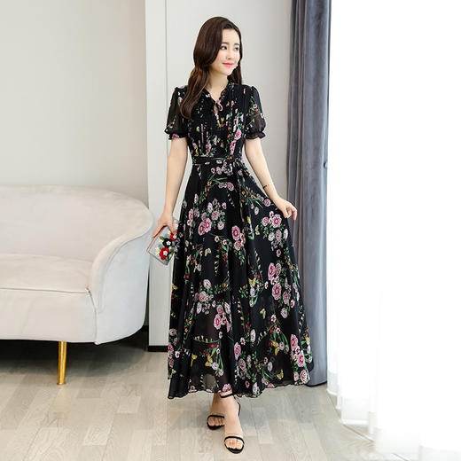 QYYS-B188858新款复古收腰显瘦长款碎花短袖连衣裙 商品图3