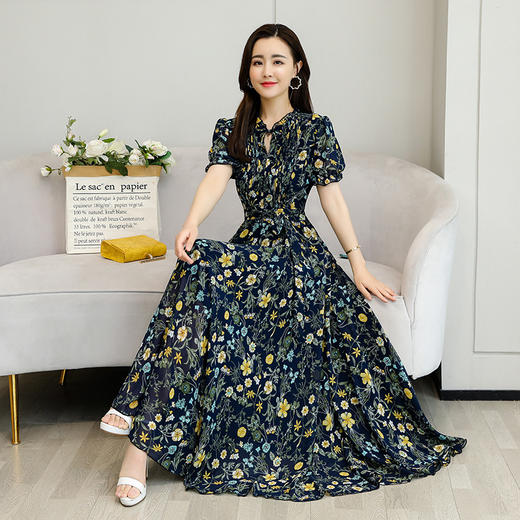 QYYS-B188858新款复古收腰显瘦长款碎花短袖连衣裙 商品图2