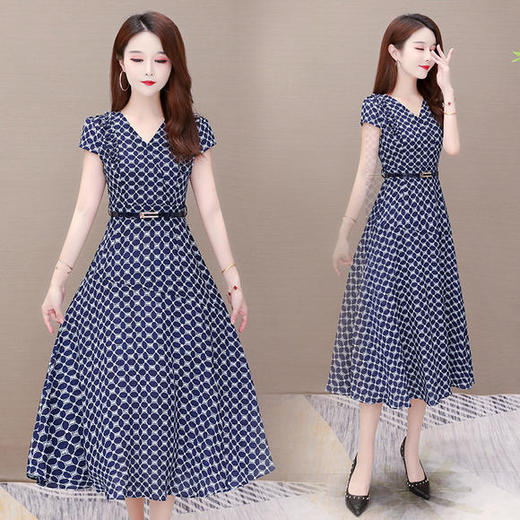 YWE-KSF20A123气质减龄短袖格子大码收腰连衣裙 商品图3