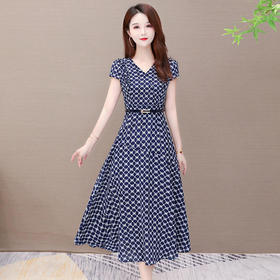 YWE-KSF20A123气质减龄短袖格子大码收腰连衣裙