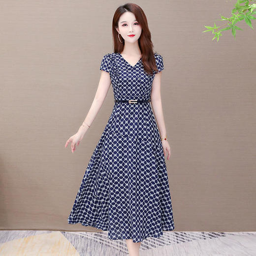 YWE-KSF20A123气质减龄短袖格子大码收腰连衣裙 商品图0