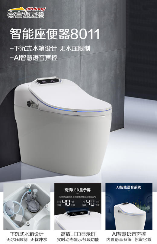 帝富龙 智能坐便器 8011银 语音控制 下沉式水箱 商品图2