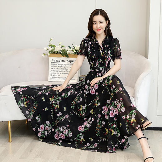 QYYS-B188858新款复古收腰显瘦长款碎花短袖连衣裙 商品图4