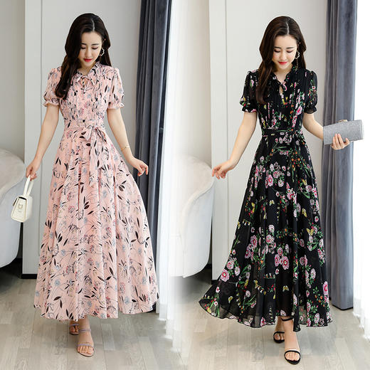 QYYS-B188858新款复古收腰显瘦长款碎花短袖连衣裙 商品图1