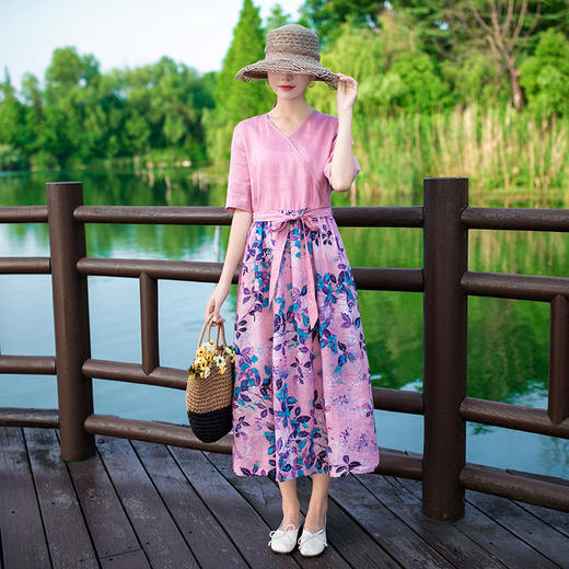 LT-068碎花亚麻 半袖清新显瘦系带天丝修身A字长裙 商品图4