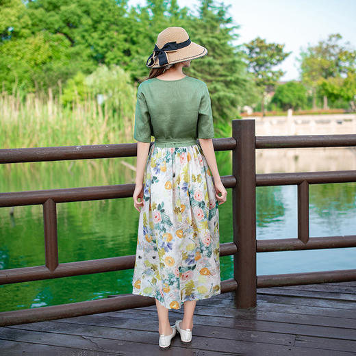 LT-068碎花亚麻 半袖清新显瘦系带天丝修身A字长裙 商品图2