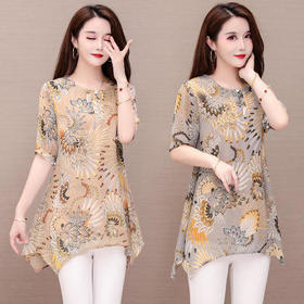 YH-3609-881338韩版宽松中长款洋气雪纺衫时尚印花短袖上衣WH