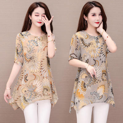 YH-3609-881338韩版宽松中长款洋气雪纺衫时尚印花短袖上衣WH 商品图0