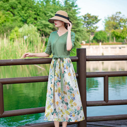 LT-068碎花亚麻 半袖清新显瘦系带天丝修身A字长裙 商品图1
