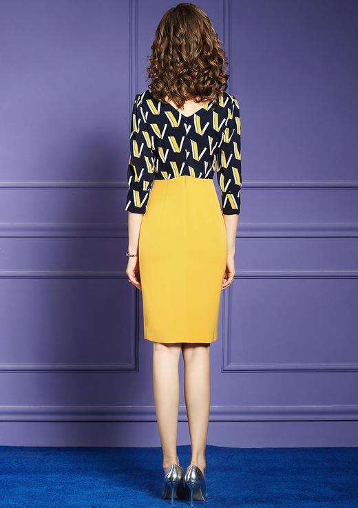 FMY-F20CL30258春夏款轻熟气质V领印花拼接收腰包臀裙WH 商品图2