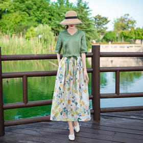 LT-068碎花亚麻 半袖清新显瘦系带天丝修身A字长裙