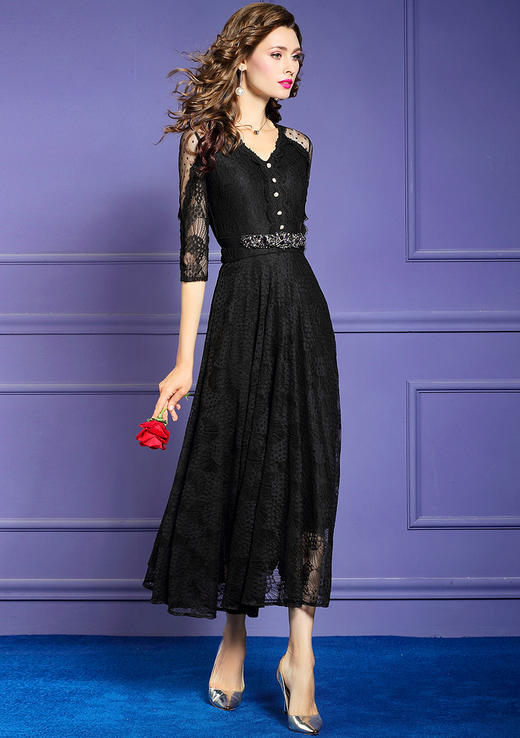 FMY- F20CL30289春夏新款气质显瘦超仙V领修身过膝长裙子WH 商品图1