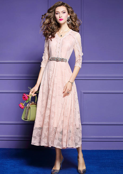 FMY- F20CL30289春夏新款气质显瘦超仙V领修身过膝长裙子WH 商品图8