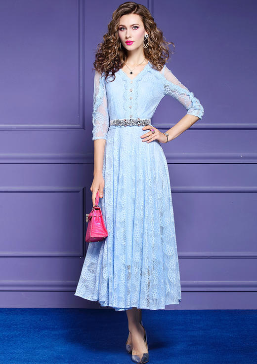 FMY- F20CL30289春夏新款气质显瘦超仙V领修身过膝长裙子WH 商品图3