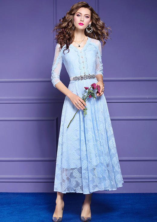 FMY- F20CL30289春夏新款气质显瘦超仙V领修身过膝长裙子WH 商品图5