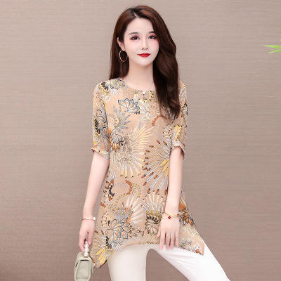 YH-3609-881338韩版宽松中长款洋气雪纺衫时尚印花短袖上衣WH 商品图1