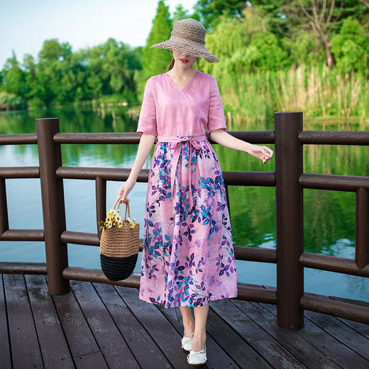 LT-068碎花亚麻 半袖清新显瘦系带天丝修身A字长裙 商品图3