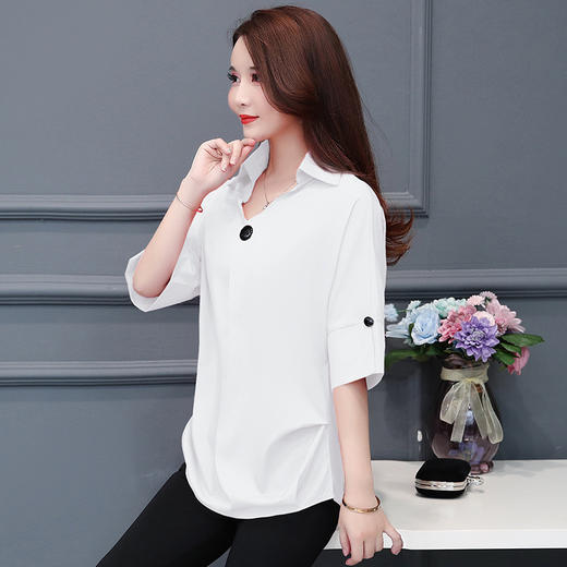 BFSC-9880新款V领胖MM宽松显瘦中袖打底雪纺上衣 商品图0