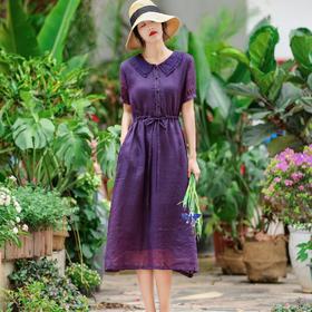 HS-HS20813Z夏新款娃娃领苎麻复古刺绣长款连衣裙