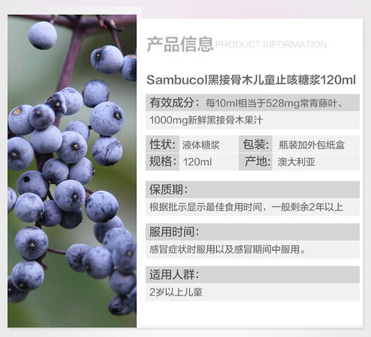 澳洲Sambucol黑接骨木儿童缓咳口服液120ml 澳洲直邮 商品图4