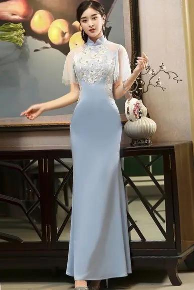 MB-天山雪莲优雅修身，优雅长款钉珠改良版旗袍礼服 商品图3