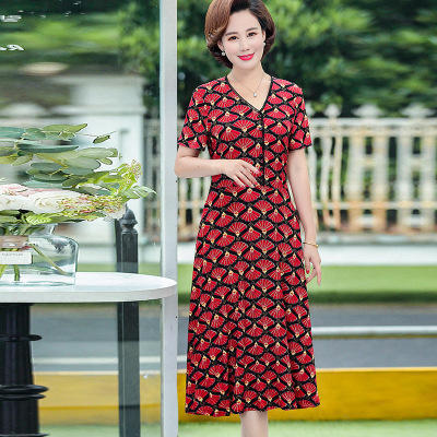 RZ-906夏季新款中年妈妈时尚长款V领碎花连衣裙 商品图1