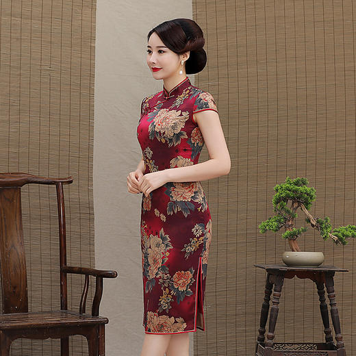 花开富贵中长款丝绸旗袍立领修身端庄大气日常款ysd05122910