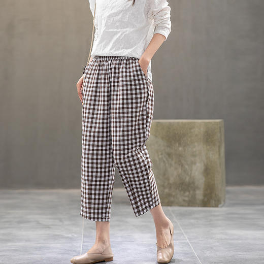 MQ-	1545-1夏装新款休闲减龄显瘦百搭松紧腰格子九分裤YY 商品图3