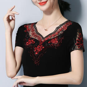 ZZ-DA3359夏新款大码女装绣花短袖棉t恤女上衣镶钻小衫